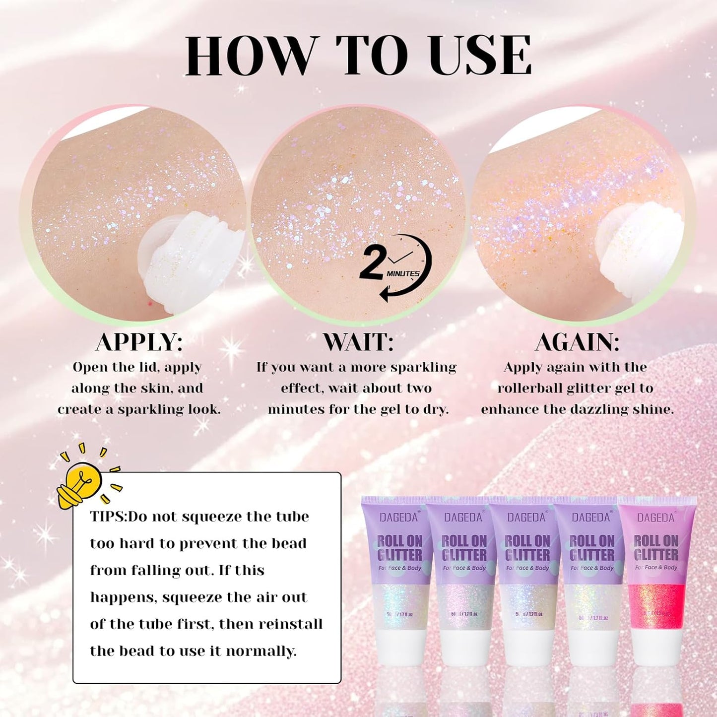 DAGEDA Roll-on Body Glitter,Holographic Eye Face Hair Glitter Gel for Festival Outfit Mermaid Accessories,Chameleon Color Body Shimmer Makeup Rave Outfits Accessories for Women 50ml (Pink)