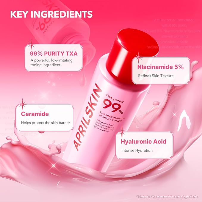 APRILSKIN TXA Overnight Glow Booster Trio: TXA Niacinamide Toning Shot 99 Spicule Facial Serum, TXA Niacinamide 99 Pink Milky Toner and TXA Niacinamide 99 Overnight Wrapping Mask