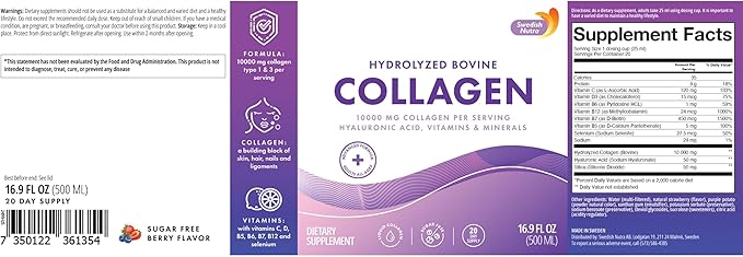 Swedish Nutra - Liquid Collagen 10000mg Sugar-Free 500 ml I Hyaluronic Acid, Biotin I Skin, Hair, Nails I Higher Absorption I Natural Flavour - 20 Day Supply.