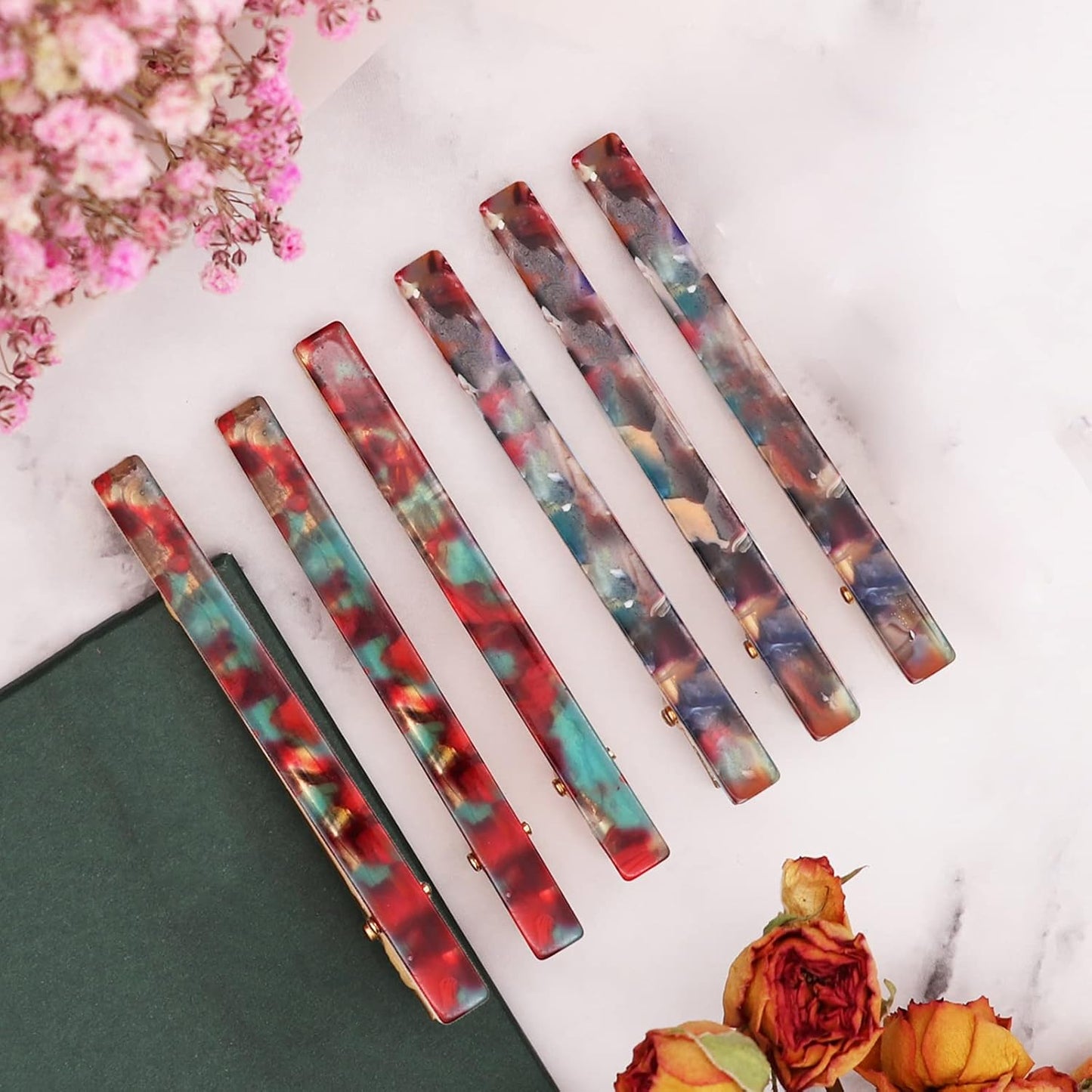 Cobahom 6Pcs Hair Clips,Hair Accessories for Women, Resin Duckbill Barrettes Fashion Chic Tortoise Shell Hair Clips for Women Girls and Hair Accessories(3 Red + 3 Bule)