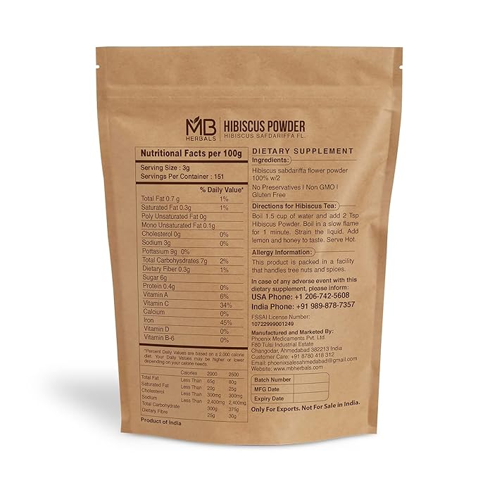 MB Herbals Hibiscus Powder 16 oz / 1 LB / 454 Gram | Hibiscus sabdariffa Flower Powder | For Refreshing Tea & Hair Care