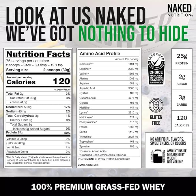 Naked WHEY 5LB 100% Grass Fed Unflavored Whey Protein Powder - Only 1 Ingredient, Undenatured - No GMO, Soy or Gluten - No Preservatives - Promote Muscle Growth and Recovery - 76 Servings