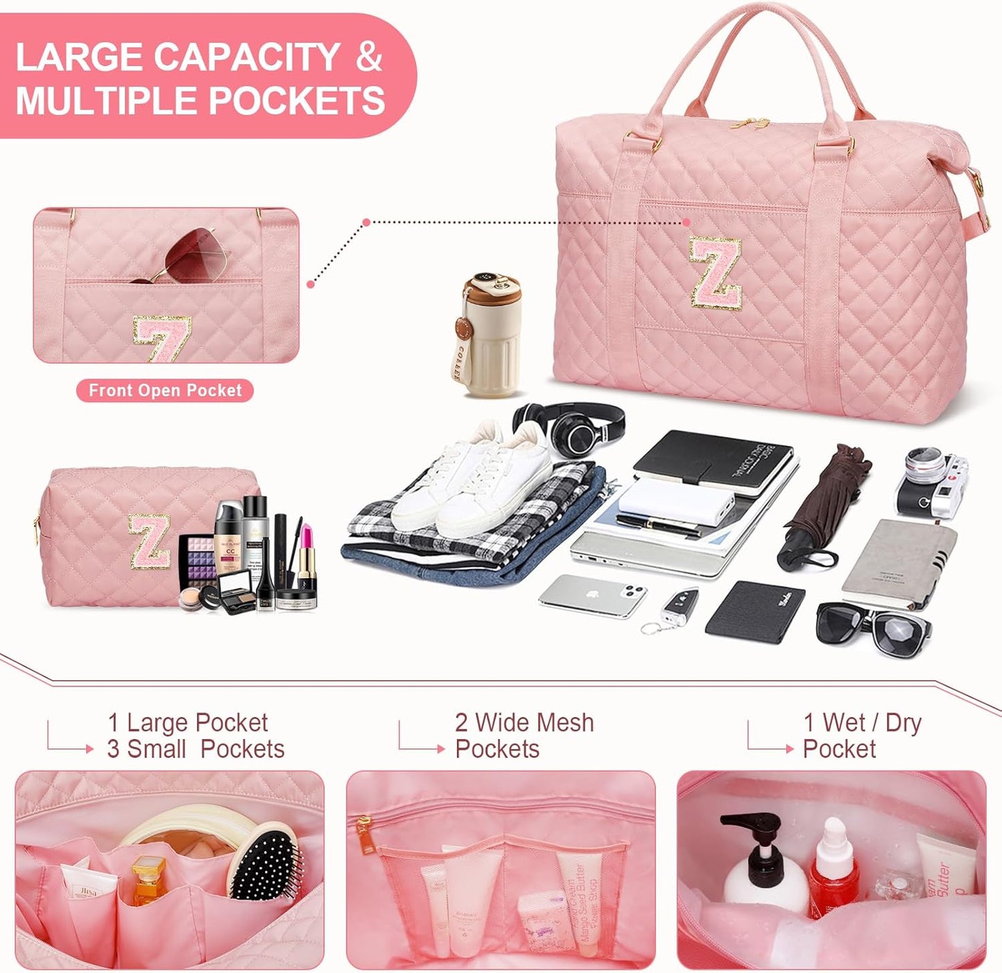 Gifts for Teen Girl, Initial Travel Duffle Bag, Personalized Women Weekender Overnight Bags, Gift for Daughter Kid Girl Wife Friend(Pink,Z)