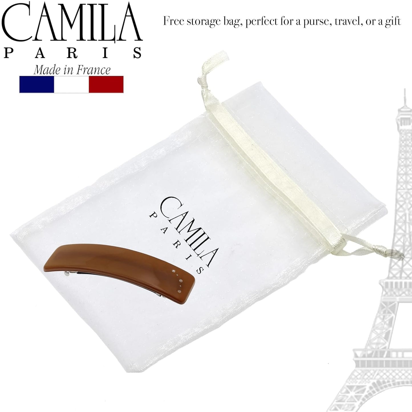 Camila Paris CP3443 French Hair Barrette Clip for Girls, Caramel, Rubberized Automatic Clasp Strong Hold Grip Hair Clips for Women, No Slip and Durable Styling Girls Hair Accessories, Made in France