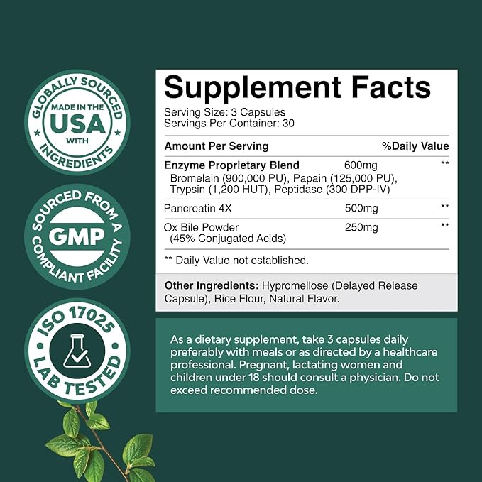 Digestive Enzymes with Ox Bile Supplement 4X Ox (1 Month)