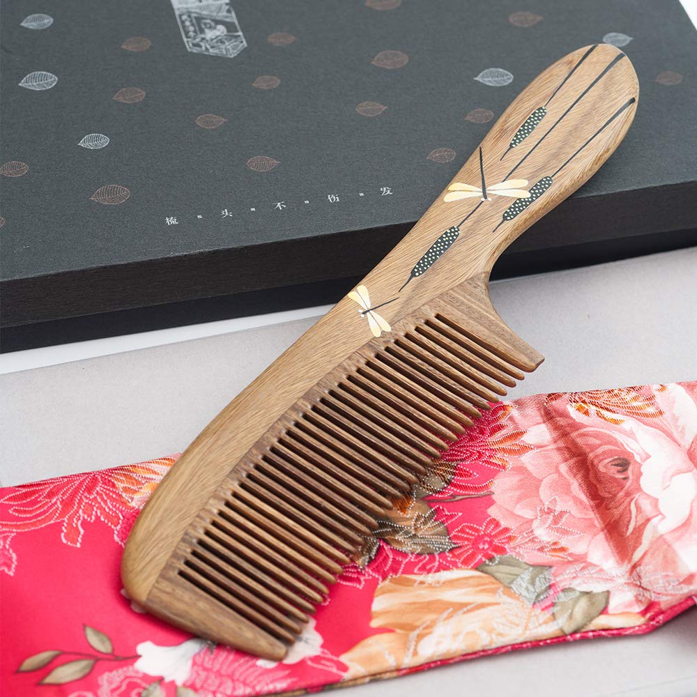 Tan Mujiang Anti-Static, Wood Comb with Dragonfly and Lightning