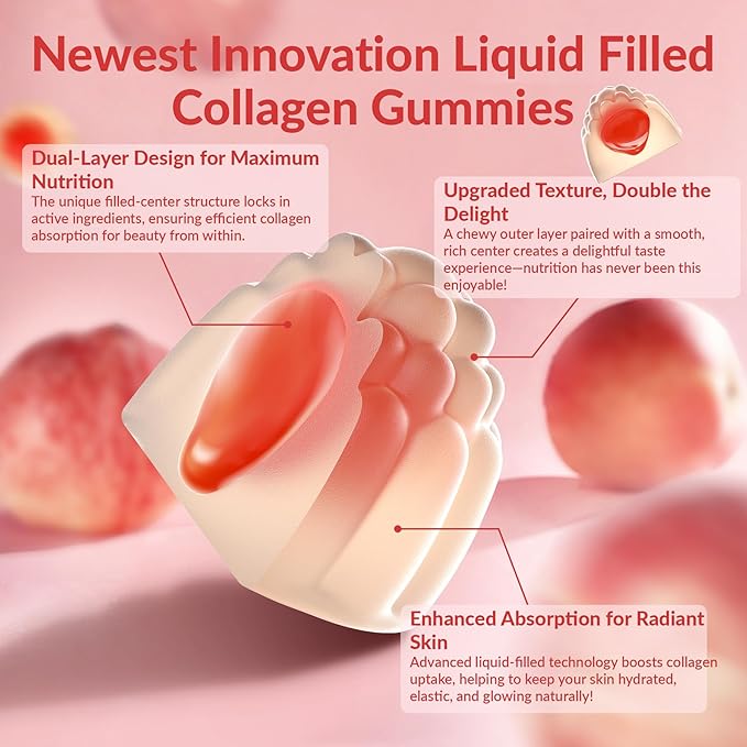 2 Pack Sugar Free Hydrolyzed Collagen Filled Gummies for Women, with 2500mg Collagen Peptide Type I,II,III,V,X, Biotin,Vitamins,Hyaluronic Acid for Skin Hair Nails, 120 Gummies