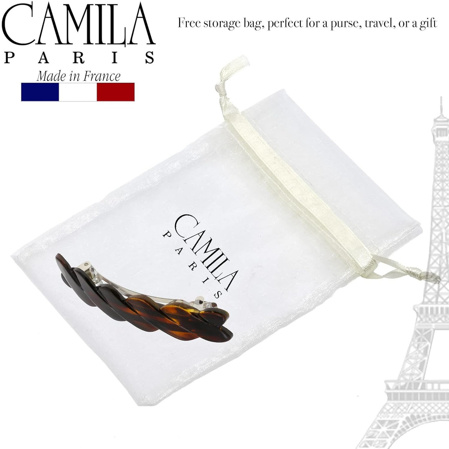 Camila Paris CP2427 French Hair Barrette Clip for Girls Braided, Tortoise Shell, Automatic Clasp, Strong Hold Grip Hair Clips for Women, No Slip Durable Styling Girls Hair Accessories, Made in France
