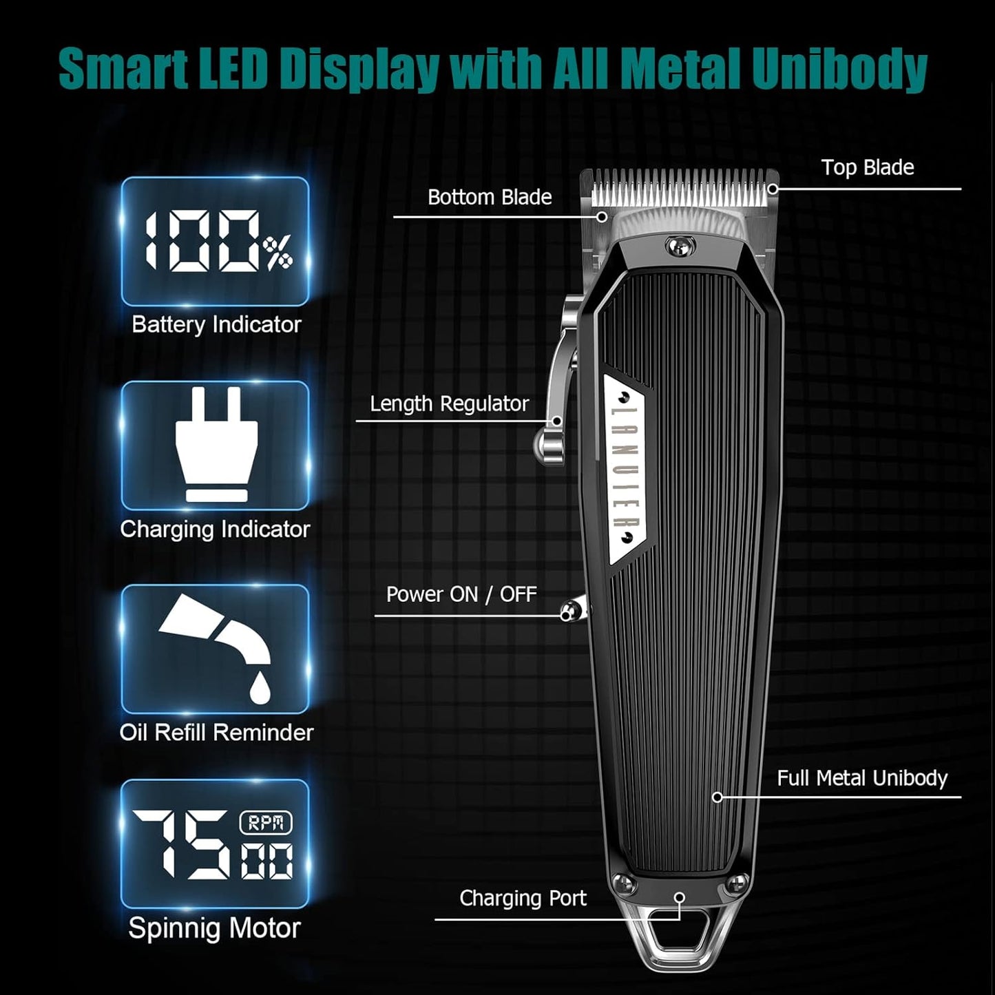 LANVIER Hair Clippers for Men, Professional 10W/7500RPM High Speed Barber Clipper for Hair Cutting and Grooming, Dual Voltage Cordless Hair Trimmer Kit with LED Display & Storage Case - Black