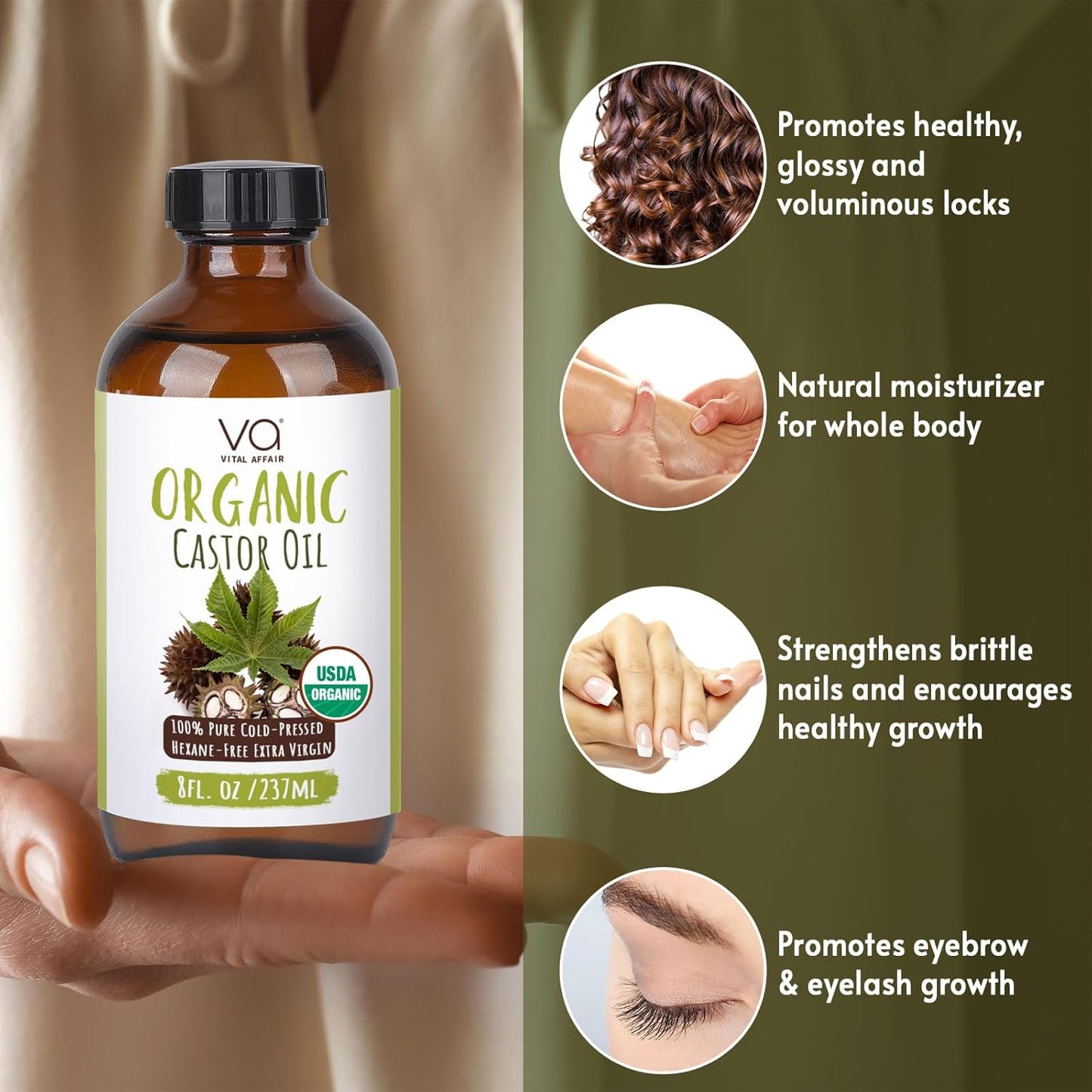 VITAL AFFAIR Castor Oil Organic Cold Pressed Unrefined Glass Bottle - USDA Certified Castor Oil For Hair Growth, Skin, Eyelashes, Eyebrows & Nails - 8 Fl Oz