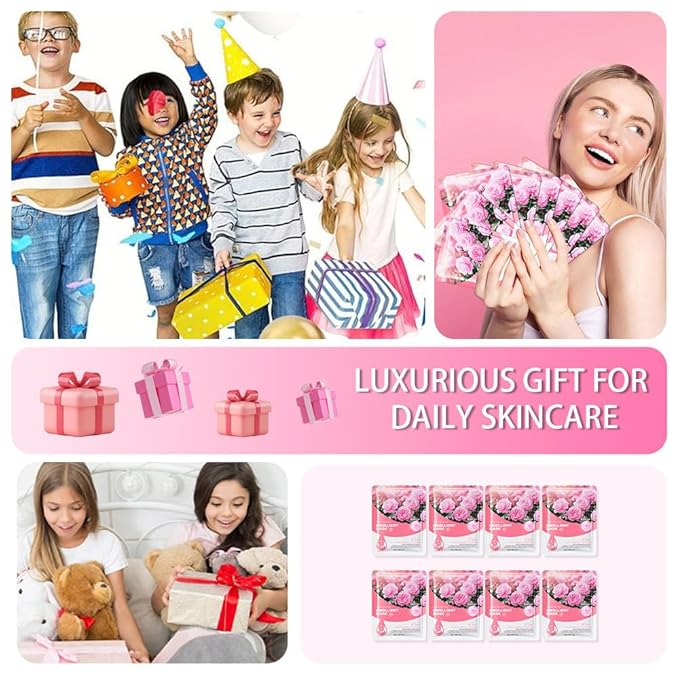 8 Pack Rose Face Sheet Mask Skincare,Hydrating Face Mask For Sensitive Skin,Moisturize,Soothing,Nourish for All Skin Types,Natural Spa Party Facial Mask Skincare Set for Women Men Girls