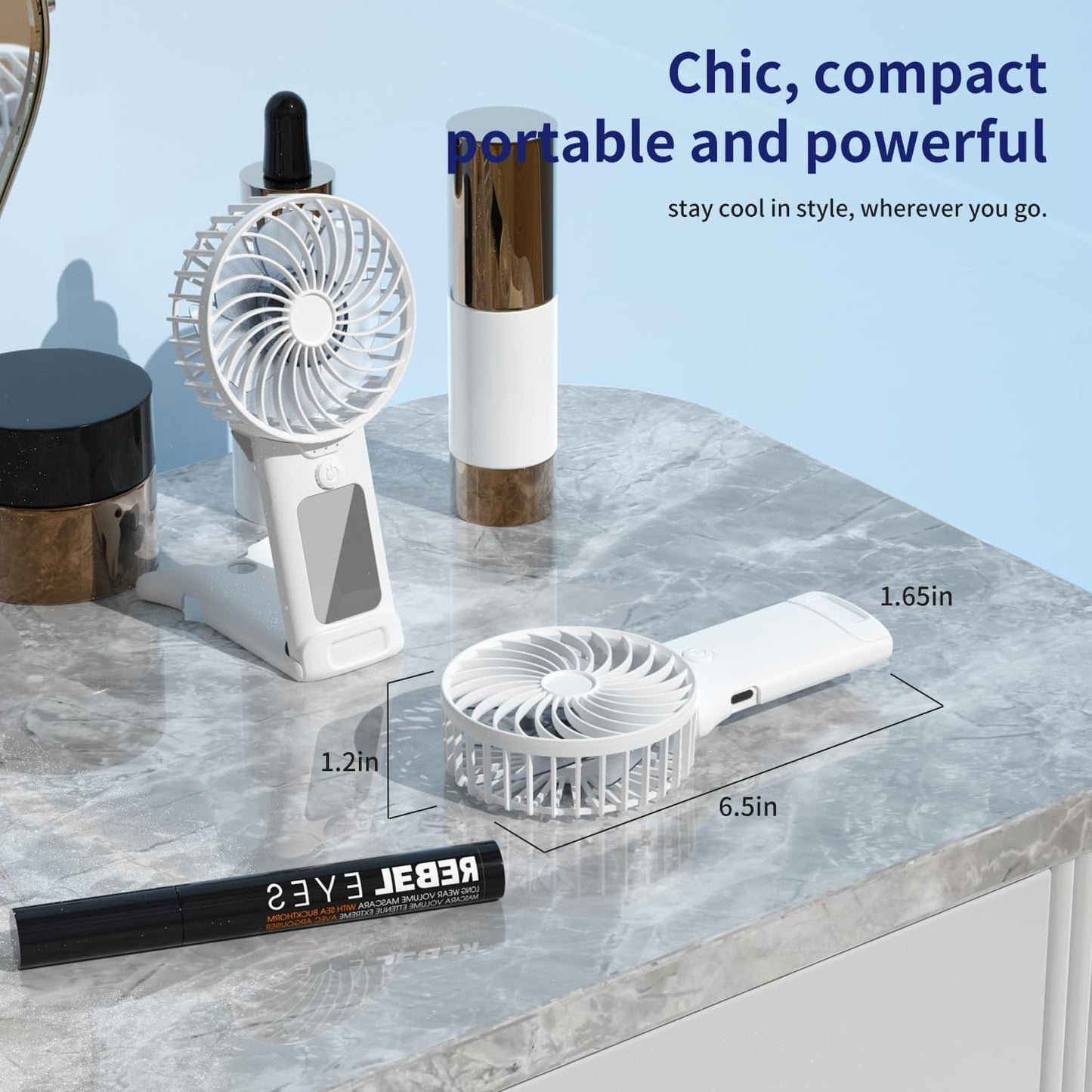 GEHEN Portable Pocket Fan, USB Rechargeable, Mini Fan with Mirror, 4 Gear Wind, Up to 15 Hours, Hand Fan with Powerful Cooling for Travel/Summer/Concerts/Lash, Gifts for Women(White)