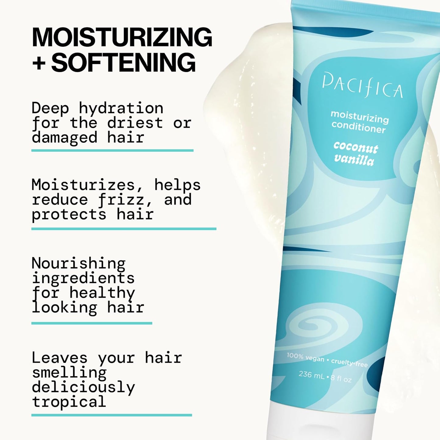 Pacifica Coconut Vanilla Moisturizing Hair Conditioner – Deep Hydrating Treatment for Dry & Damaged Hair, Restorative Shine, Vegan & Sulfate Free Clean Beauty & Hair Care 8 fl oz