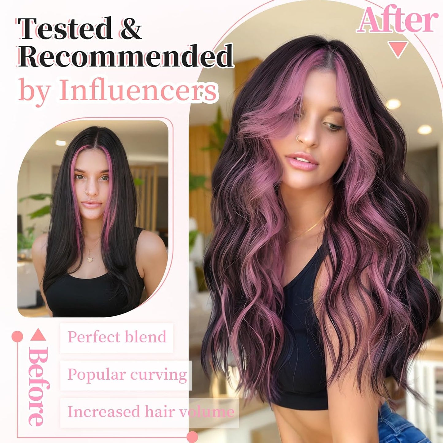 KooKaStyle Clip in Hair Extensions 4PCS Long Wavy Natural & Soft Hairpieces for Women 20 Inch for Women(Natural Black Pink)