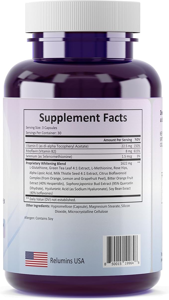 Relumins L-Glutathione Complex 1650mg - Antioxidant Support with Alpha Lipoic Acid, NAC, L-Methionine, Vitamin E - Halal & cGMP Certified, Skin Health Supplement - 90 Vegetarian Capsules