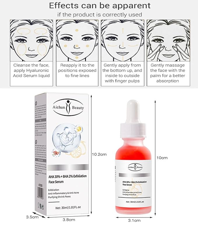 AICHUN BEAUTY Face Serum Eye Essence Anti-Wrinkles Anti-Acne Oil-Control Anti-Freckle Refreshing Moisturizing Purifying Shrink Pores 30ml 1.01FL.oz (AHA 30% + BHA 2% Exfoliation Face Serum)