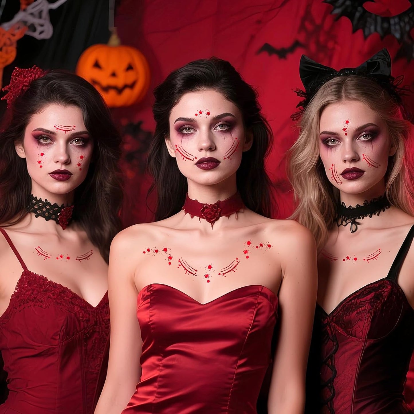 Halloween Scary Glitter Freckles, 6 Pcs Scars Stitches Face Tattoo Sparkle Red Wounds Freckles Makeup Patches for Face Rave Accessories