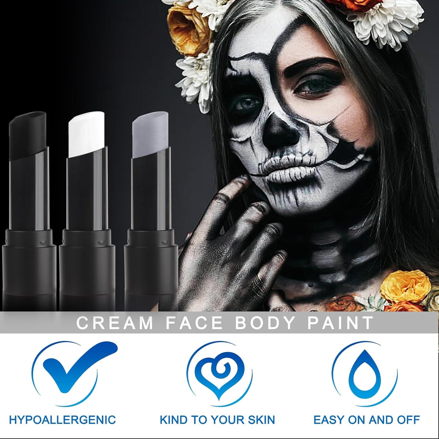 MEICOLY 3PCS Black White Light Grey Face Body Paint Stick,Halloween Zombie Skeleton Makeup Face Paint,Clown White Makeup SFX Cosplay for Adults and Kids,Eye Black Stick for Baseball & Softball