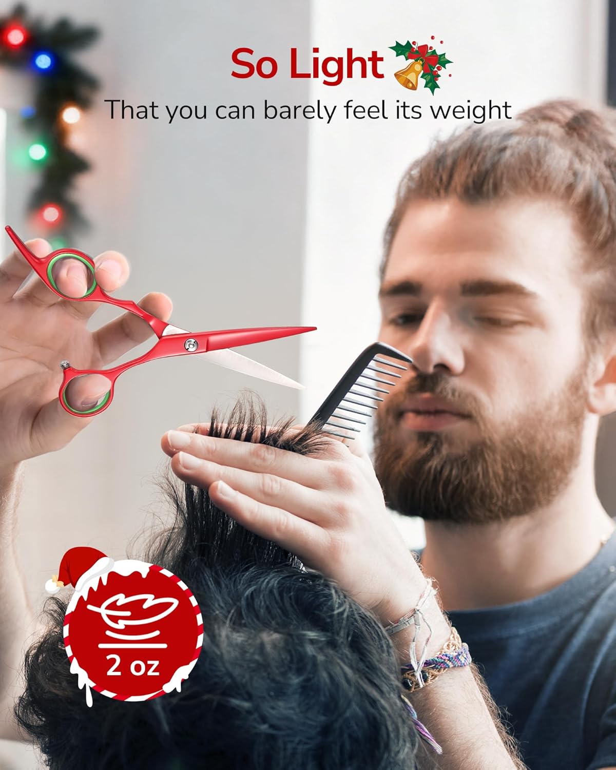 ULG 6.5” Hair Cutting Scissors, Professional Japanese Stainless Steel, Razor Sharp Barber Shears with Ergonomic Offset Handles, Lightweight and Durable for Stylist & Home Use, Christmas Red Edition