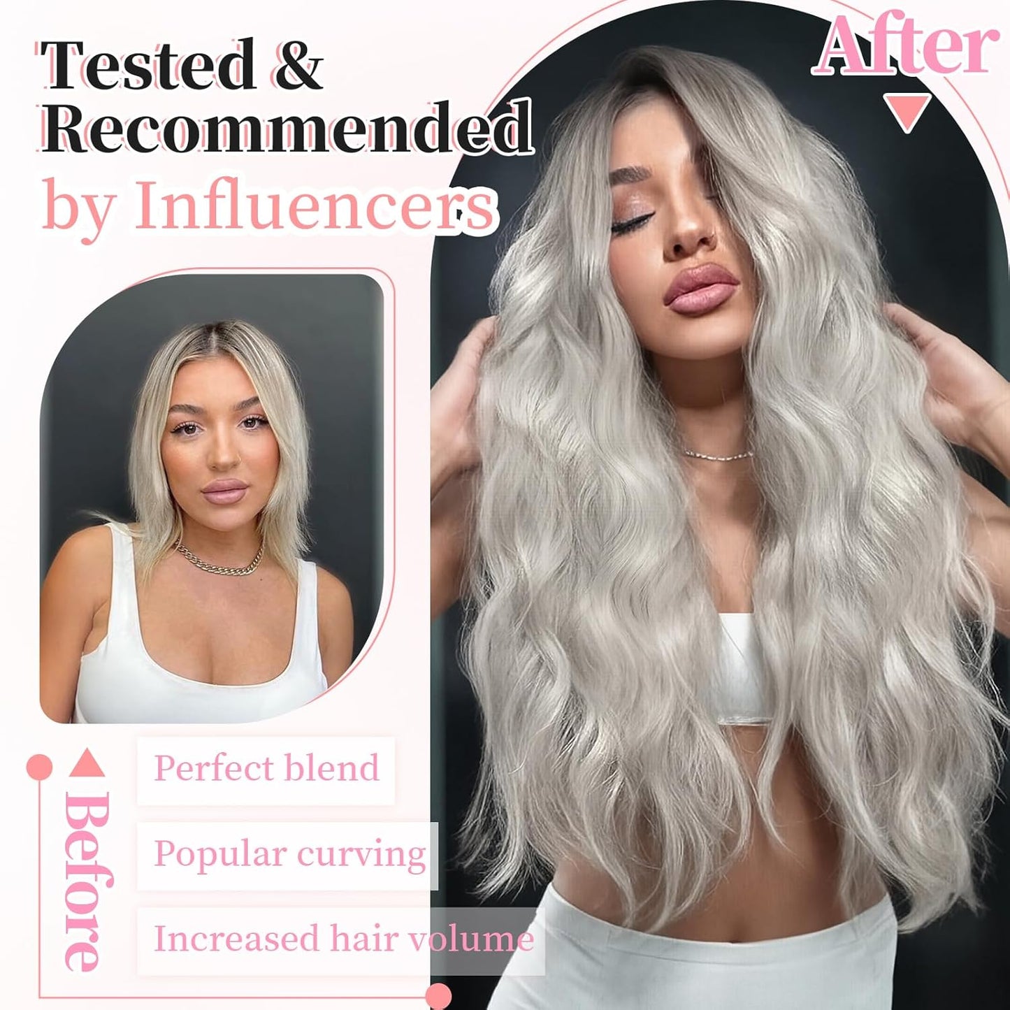 KooKaStyle Clip in Synthetic Hair Extensions Long Wavy 4PCS Thick Hairpieces Silver Grey Blonde Fiber Double Weft Natural Hair Extensions 20 Inch for Women