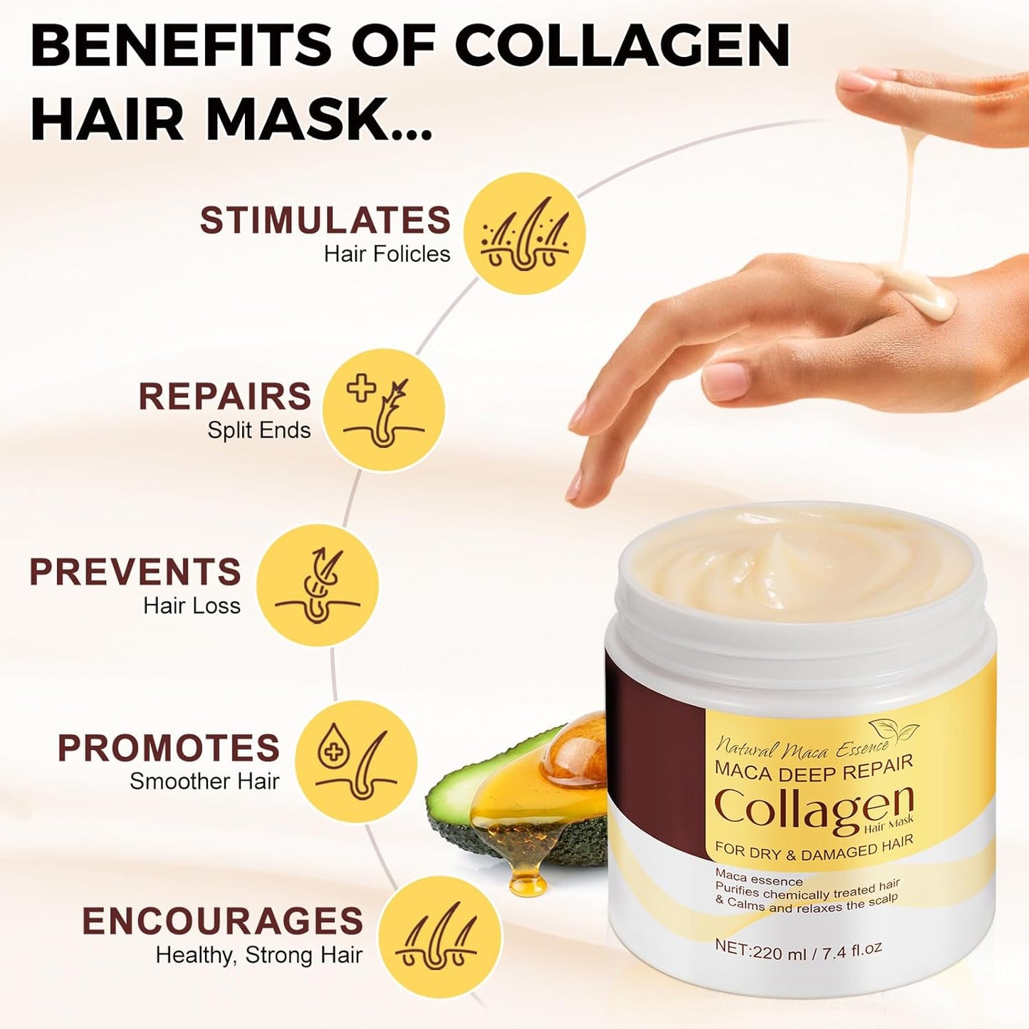 Collagen Hair Treatment Mask, Deep Repair Conditioning Hair Mask with Collagen, Maca, Avocado Oil for Dry Damaged Hair, Safe and Nourishing Formula for All Hair Types 7.4 FL OZ