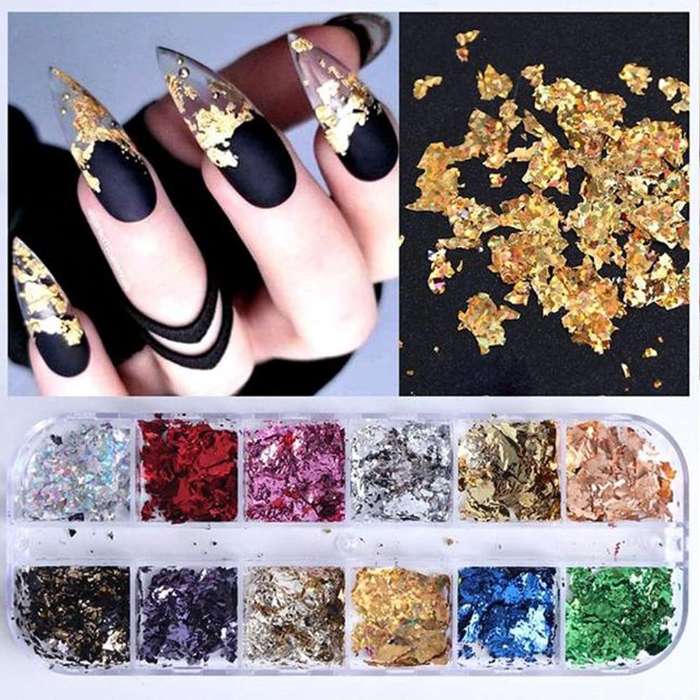 Gold Nail Art Glitter & Sequins Holographic Irregular Foil Sticker 3D Glitter Foil Flakes Decals - 12 Colors