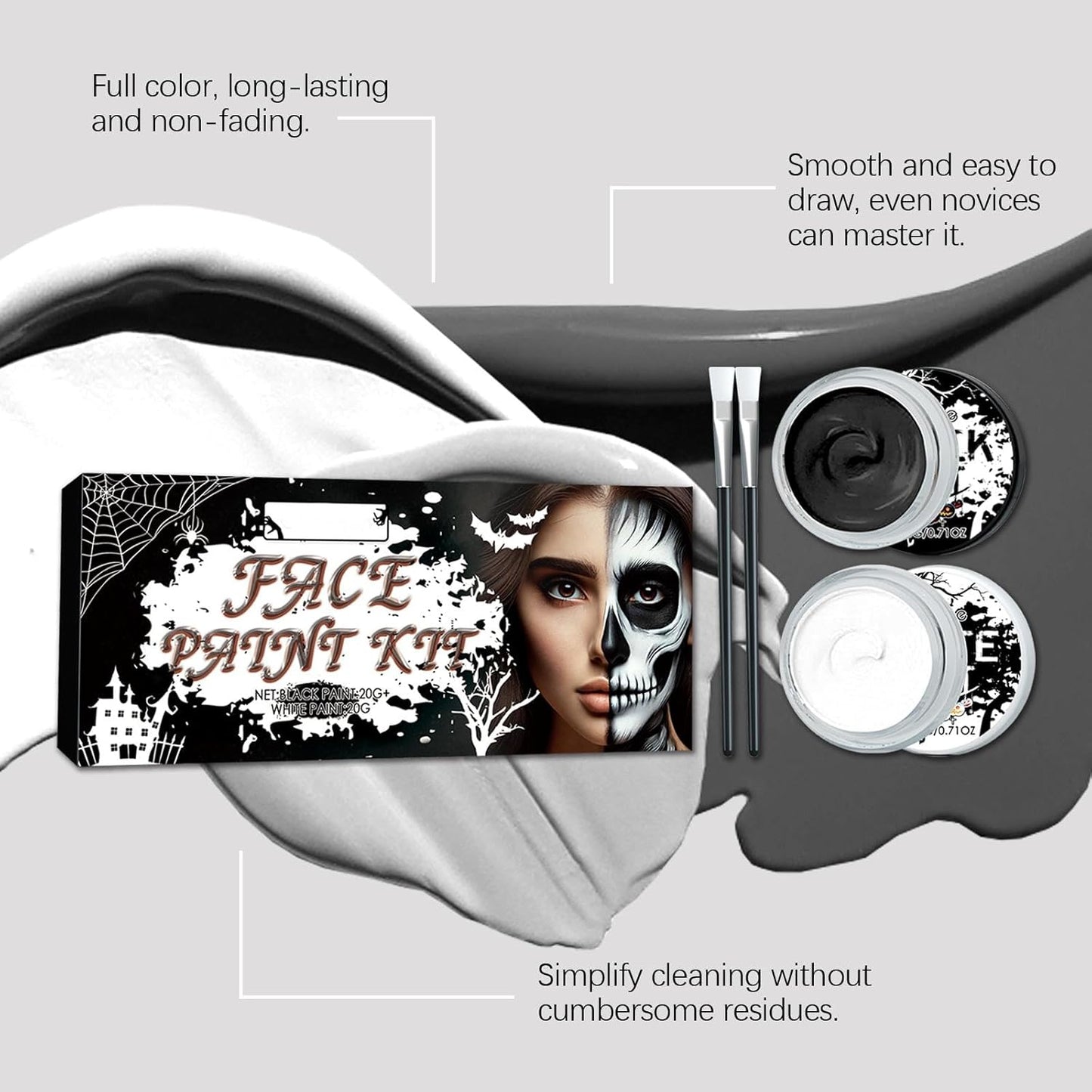 Face Paint Kit Black and White, Professional Halloween Body Paint Makeup Set, Washable & Skin-Friendly SFX Makeup for Adults and Kids, Ideal for Cosplay, Theatrical & Costume Parties