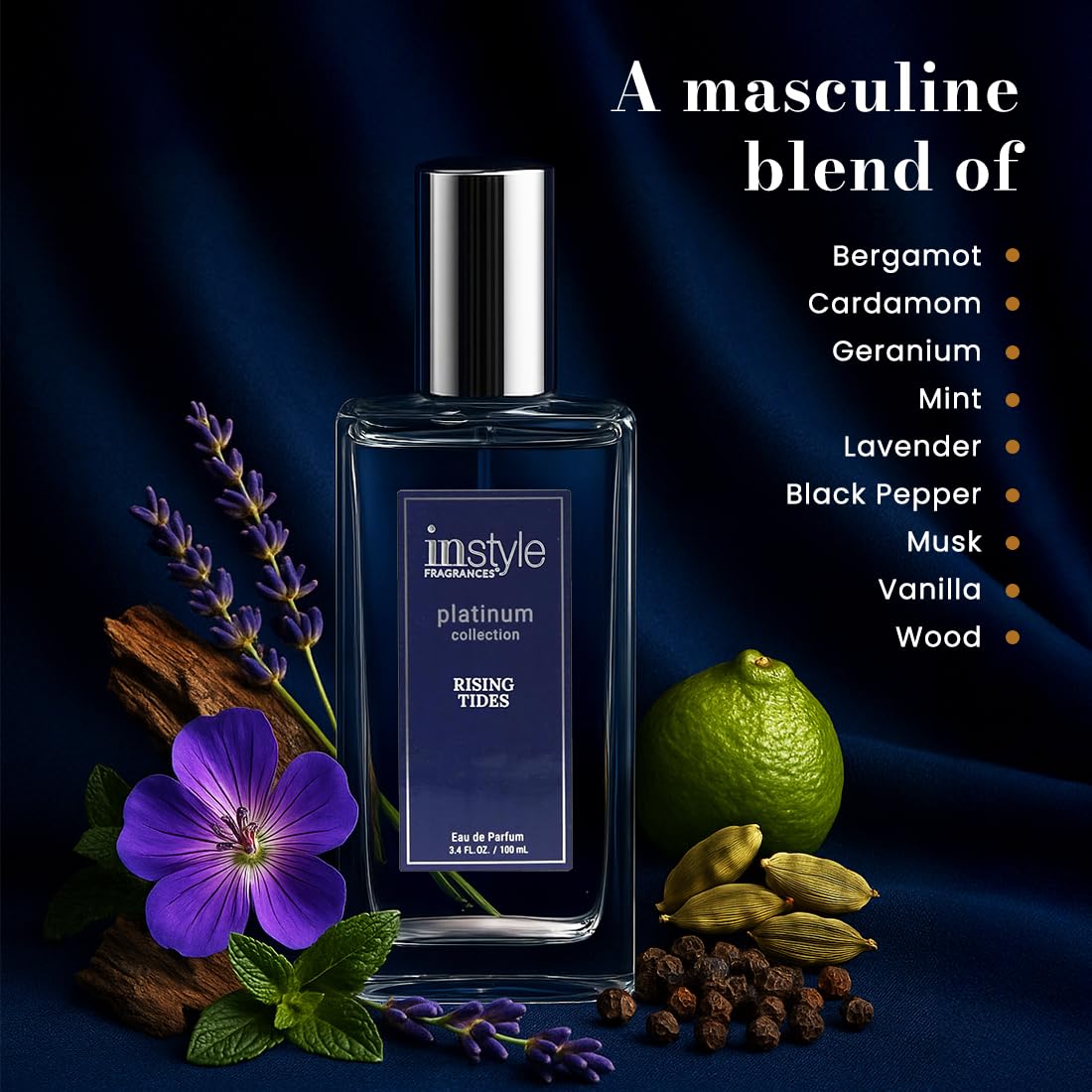 Instyle Fragrances Platinum Collection Rising Tides, Premium Men’s Eau de Parfum, CLEAN, Vegan, Paraben-Free, Never Tested on Animals, 3.4 Fluid Ounces