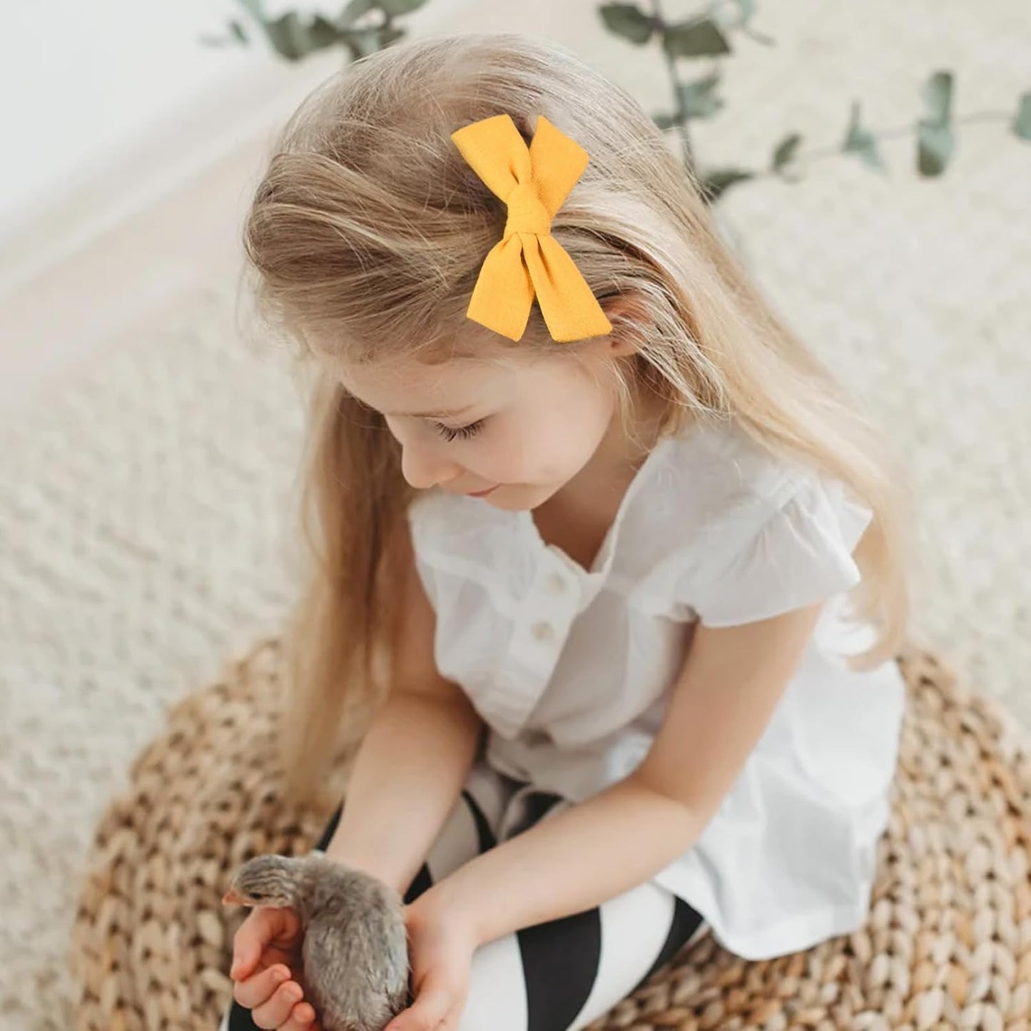 DEEKA Yellow Cotton Linen Hair Bows 2 Sizes 5"&3.5" Soft Hair Bow set for Toddler Girls Long Ponytail Knot Bows Alligator Clip Hair Accessories for Little School Girls (Ginger Yellow)