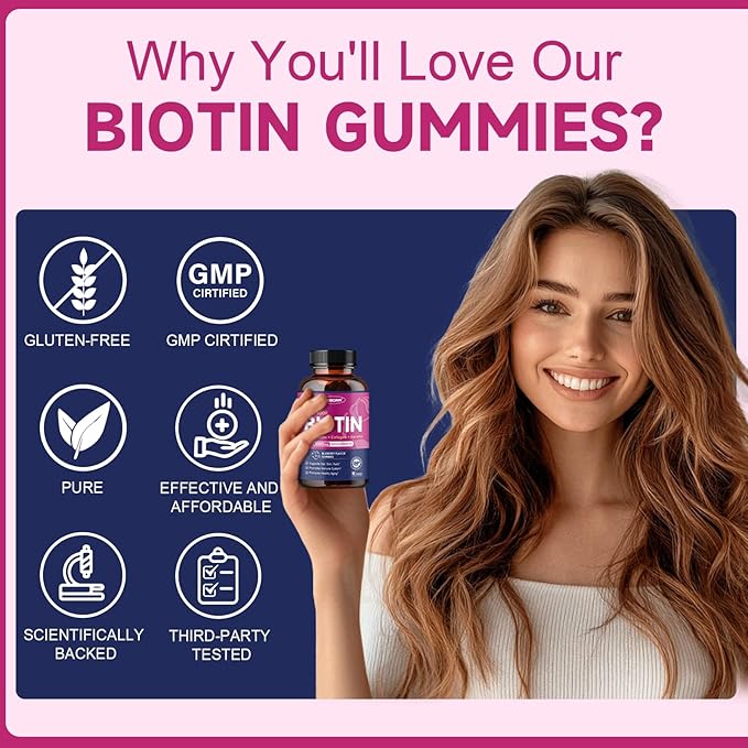 Biotin Gummies for Hair Skin and Nails -Hair Vitamins with Biotin, Zinc, Vitamin A, B6, B12, D3 & More - Support Healthy Skin, Hair Growth, Stronger Nails for Women and Men - 90 Blueberry Gummies