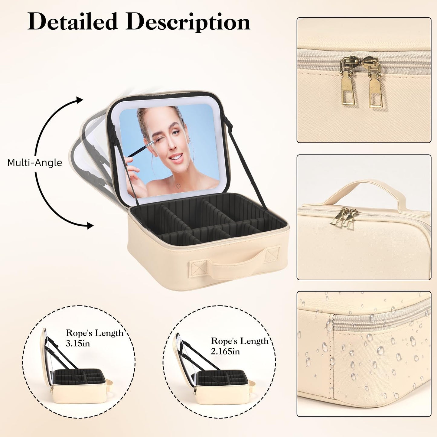 Travel Makeup Bag With LED Mirror,Cosmetic Train Case with 3 Color Setting,Cosmetic Makeup Organizer Bag with Adjustable Dividers,Portable Make up Box with Make up Brushes Holder Storage(Beige)