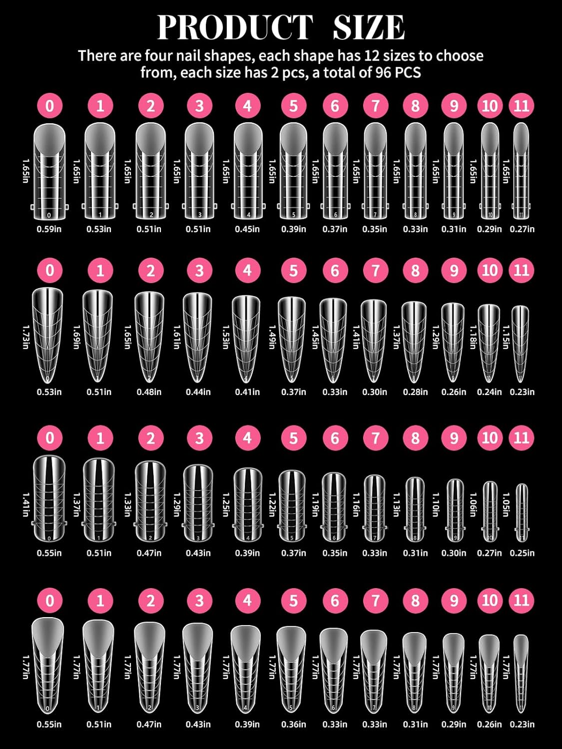 EBANKU Clear Matte Poly Gel Nail Forms 4 Styles, 96PCS Dual Nail Forms Full Cover Nail Mold Tips Acrylic Nail Extension Tools 12 Sizes Scale for Poly Gel Nail Art Salon Nails Design
