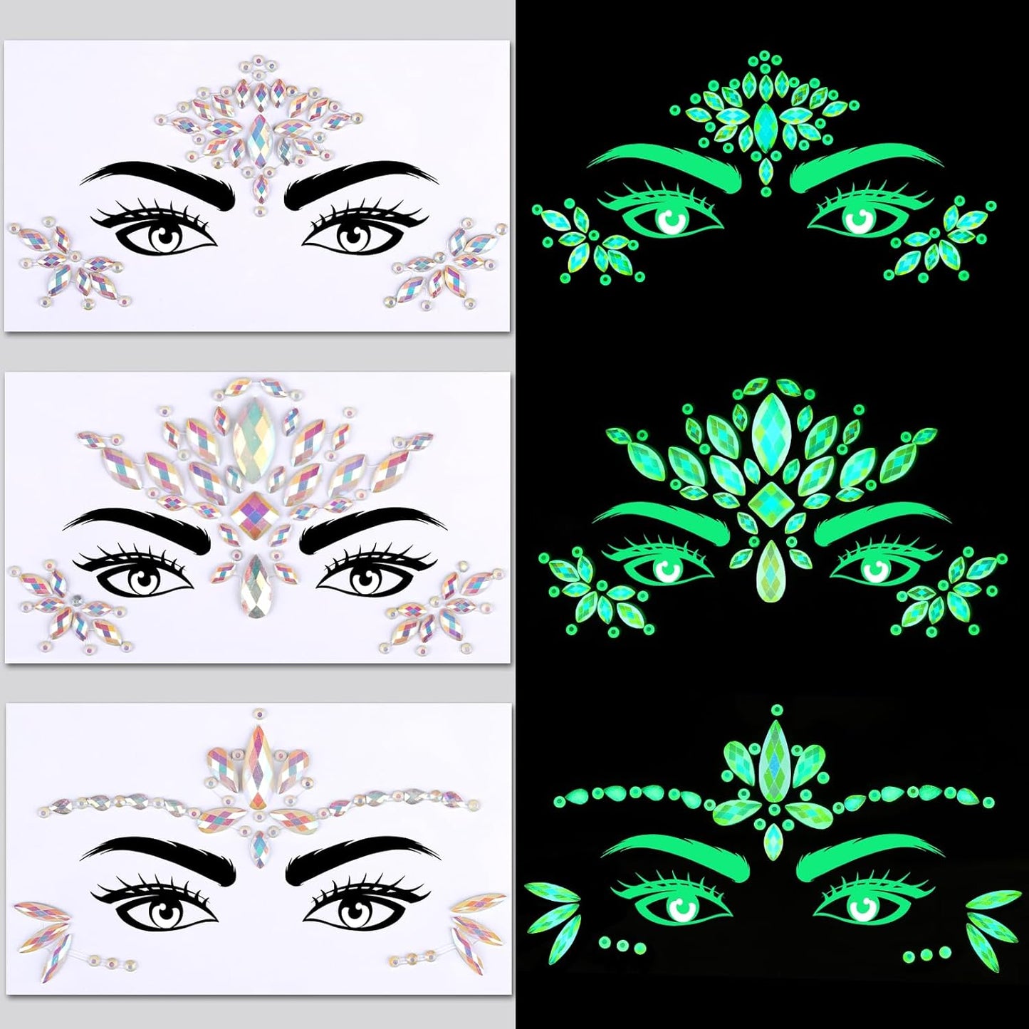 YGDZ Glow in The Dark Face Glitter, Hair Body Glitter Gel, Face Jewels Stick On for Women, Festival Carnival Outfits, Mermaid Costume for Halloween Makeup, Rave Accessories for UV Black Light Party