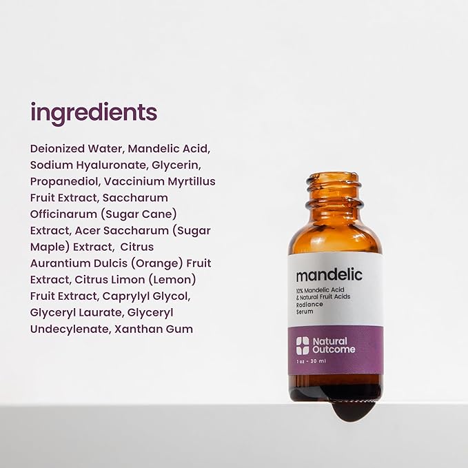 Mandelic Acid Serum 10% | Anti-Aging AHA Facial with Hyaluronic Acid | Targets Fine Lines, Dark Spots, and Wrinkles | Clarifies Acne and Stimulates Natural Collagen Production | 1 Oz Natural Outcome