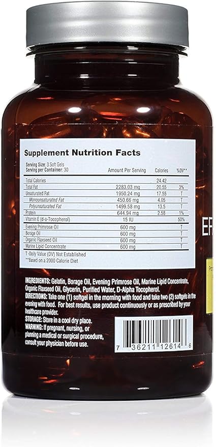 EFA COMPLETE with Optimal OMEGA 3 6 9 levels of High Potency Flax Oil, Fish Oil, Borage Oil, and Evening Primrose Oil 800mgs (90count) 3rd Party Tested - High in GLA and 369 Omegas