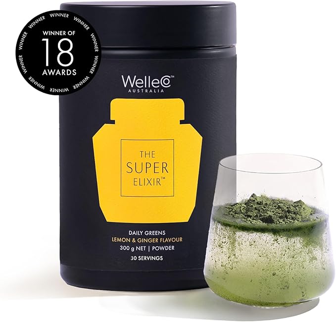 WelleCo The Super Elixir Daily Greens Powder, Probiotic Drink Mix with Whole Foods, Gluten Free, Vegan Gut Health Powder, Energy, Immunity, Healthy Skin, Hair & Nails (300g, Lemon Ginger)