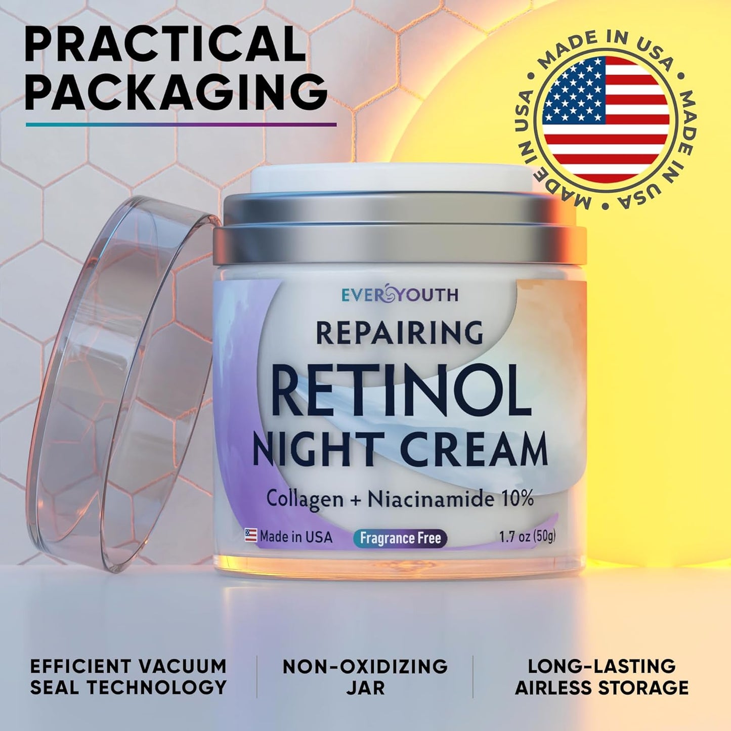 Night Cream Face Moisturizer for Women with Retinol, Collagen, Niacinamide, Anti Aging Overnight Face Mask, Made in USA, Niacinamide Serum Facial Moisturizer Anti Wrinkle Cream for Women, 1.7oz