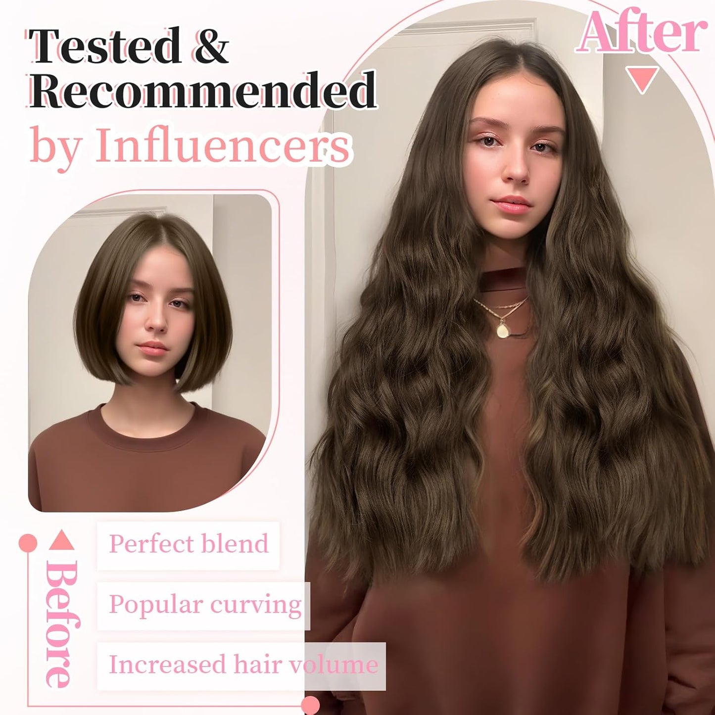 KooKaStyle Clip in Synthetic Hair Extensions Long Wavy 4PCS Thick Hairpieces Chestnut Brown Fiber Double Weft Natural Hair Extensions 20 Inch for Women