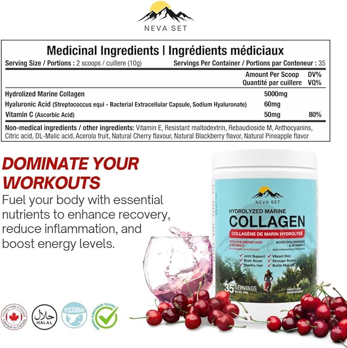 Cherry HYDROLYZED Marine Collagen with HYALURONIC Acid & Vitamin C. 350g. Join,Hair,Skin & Bones Support.