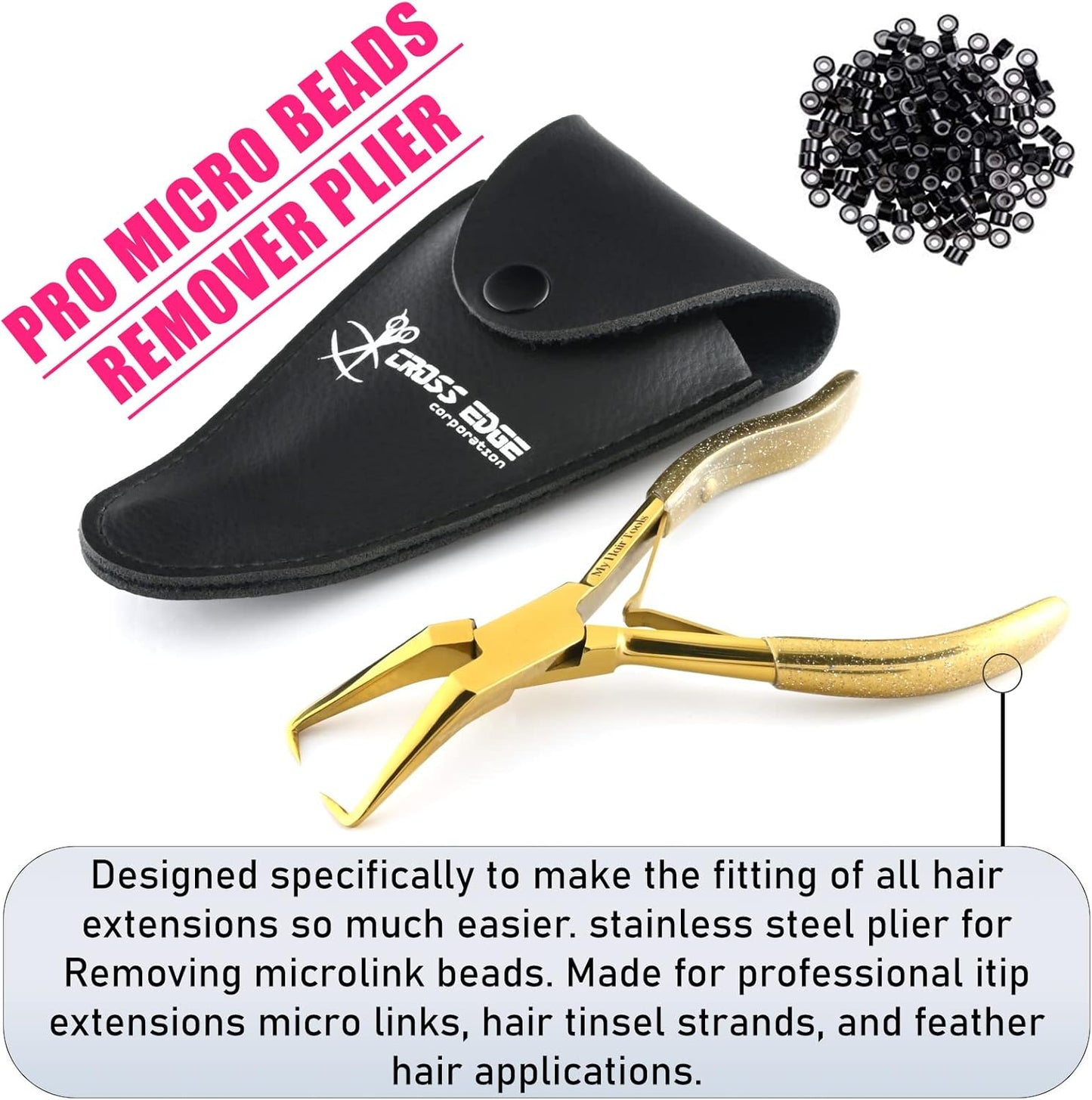 Professional Hair Extension Tools Microlink Bead Remover Plier for Hair Extensions Removal Micro Ring Beads Opener 5.5 Inch Pliers Silver Polish Stainless Steel โ Cross Edge Corporation (Gold)