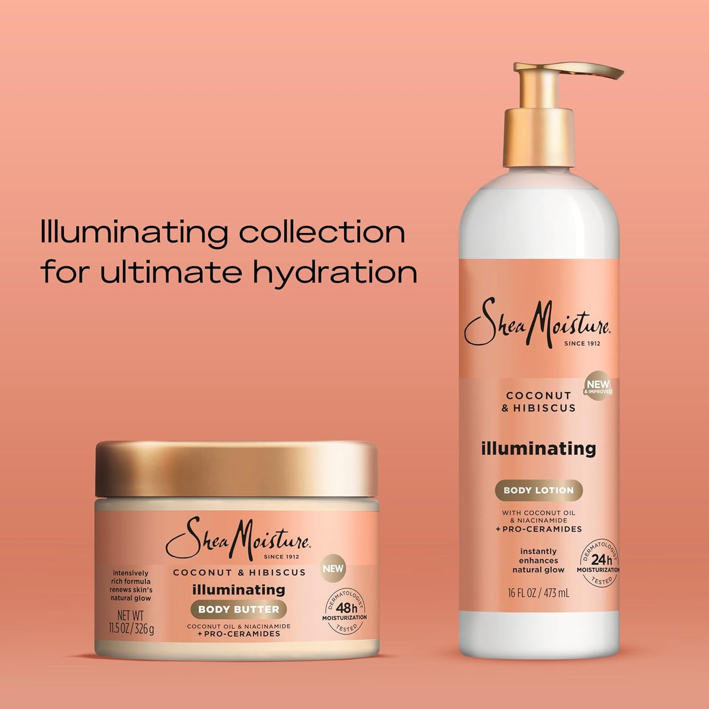 SheaMoisture Illuminating Body Lotion with Coconut Oil, Hibiscus, Niacinamide and Pro-Ceramides, Instantly Enhancing Skin's Natural Glow, 24H Moisturizing 16 oz