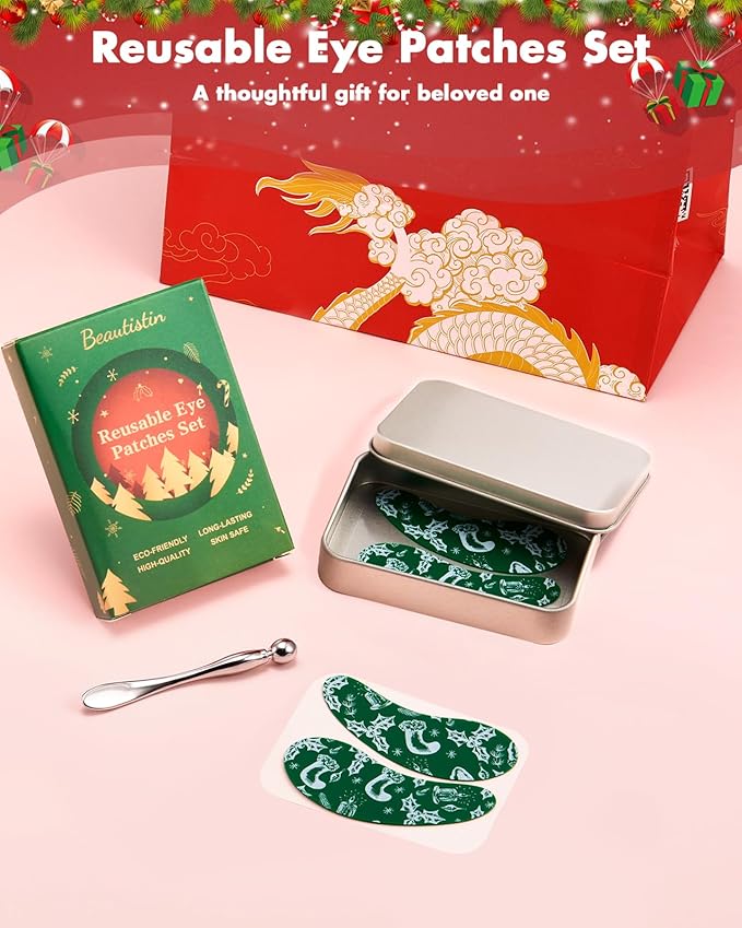 2 Pairs Reusable Under Eye Wrinkle Patches Silicone Mask, Plump Fine Lines & Wrinkles, with Metal Eye Cream Applicator, Tin Case, Christmas Green