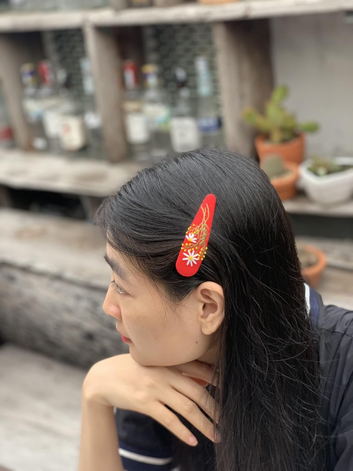 ETA Set of 2 Cute Handmade Embroidery Hair clips, Vintage Embroidered Flower Floral Gift Daughter, Teenager, Woman, Girlfriend, Wife, Unique Accessory, Red, HC14