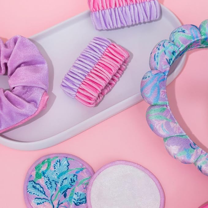 Lilly Pulitzer Self Care Kit, Spa Gift Set for Women with Spa Headband, 2 Face Wash Pads, 2 Wristbands, and Scrunchie, Secret Escape
