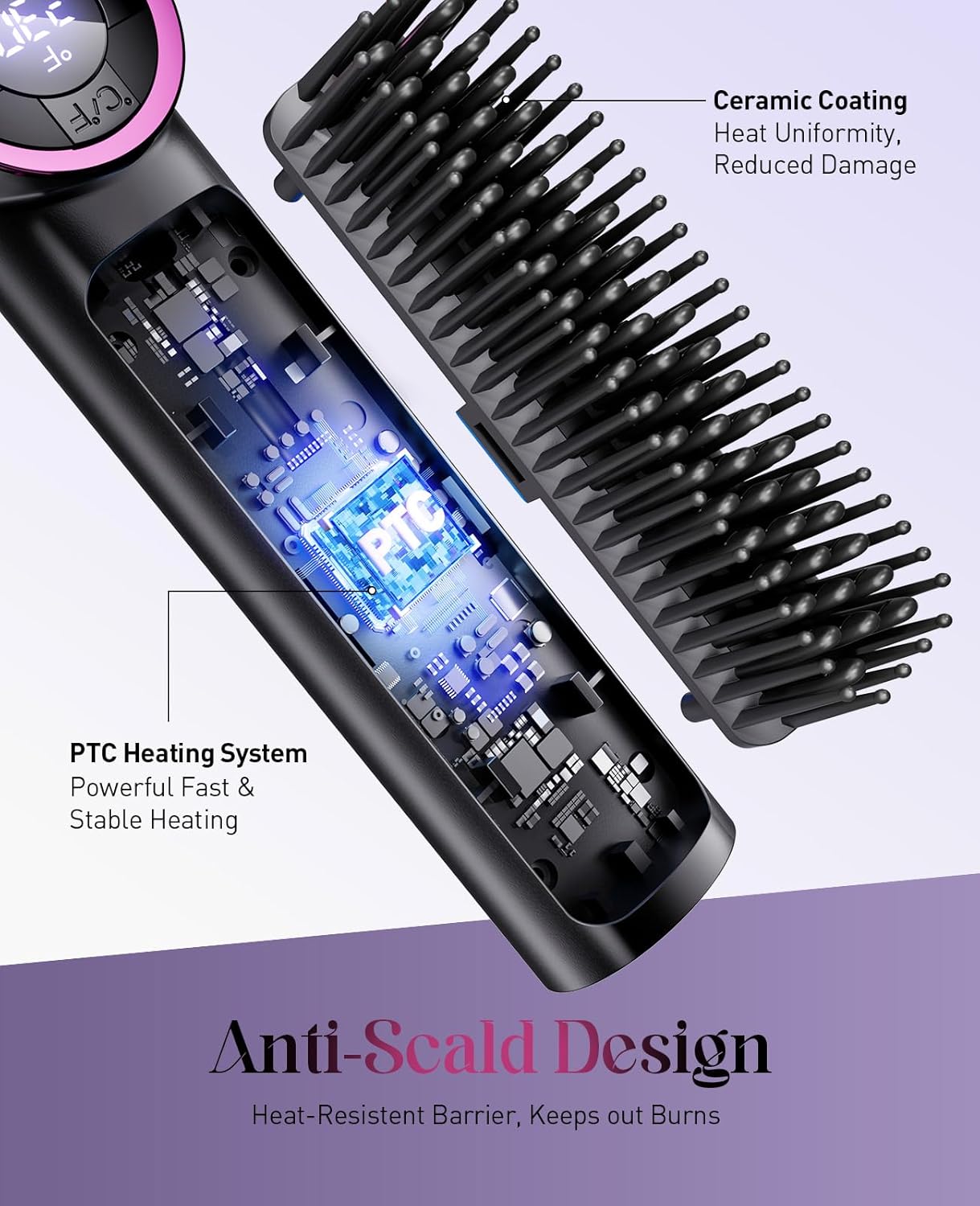 Hair Straightener Brush for Women: Negative Ionic 3-in-1 Curling & Straightening Brush, Ceramic Hot Comb with 15 Temps for Hair Styling