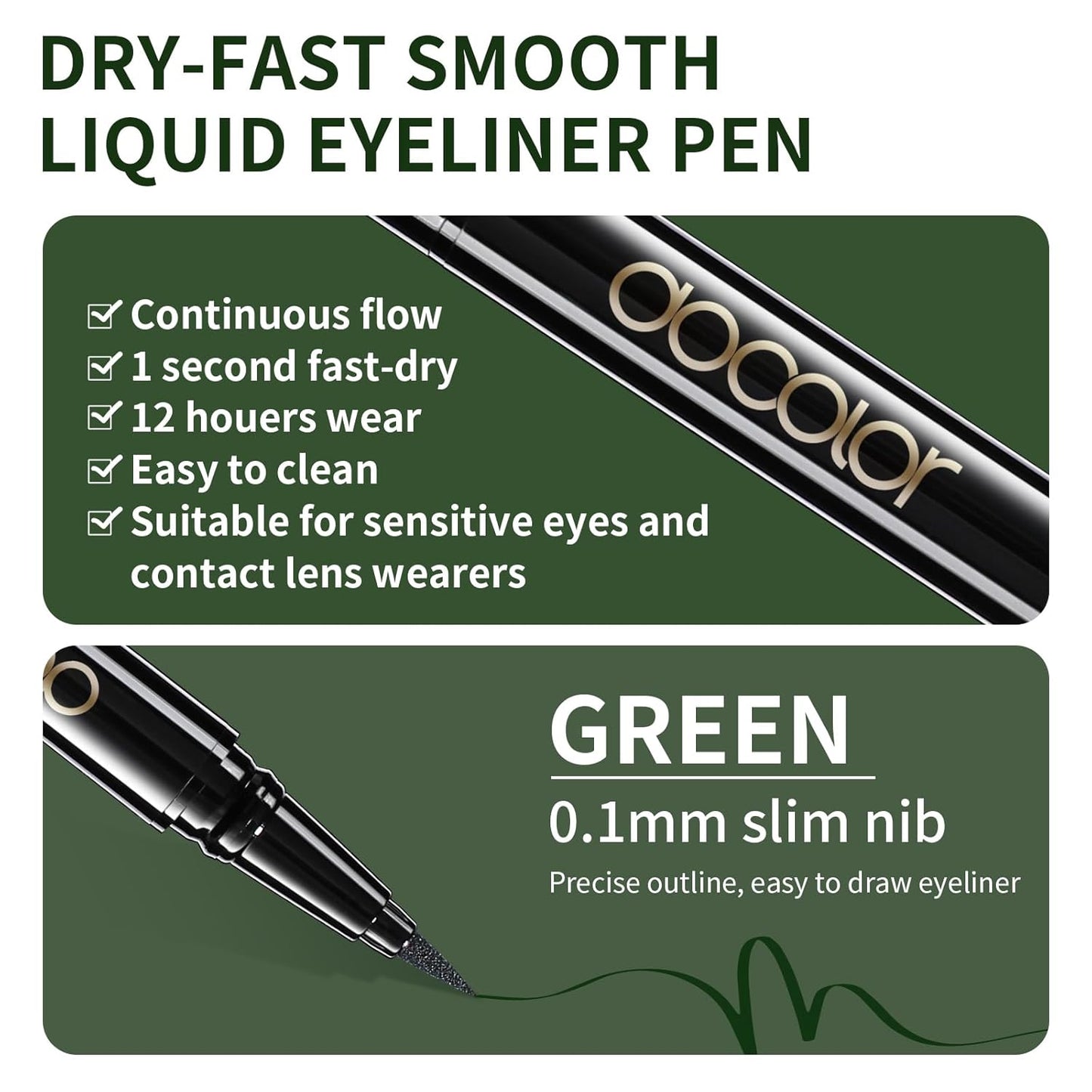 docolor Eyeliner, 2PCS Green Liquid Eyeliner Waterproof Eye Liner Pen Super Slim Precise All Day Green Eye Pencils Professional Makeup Liquid Eye Liner Pencil for Women