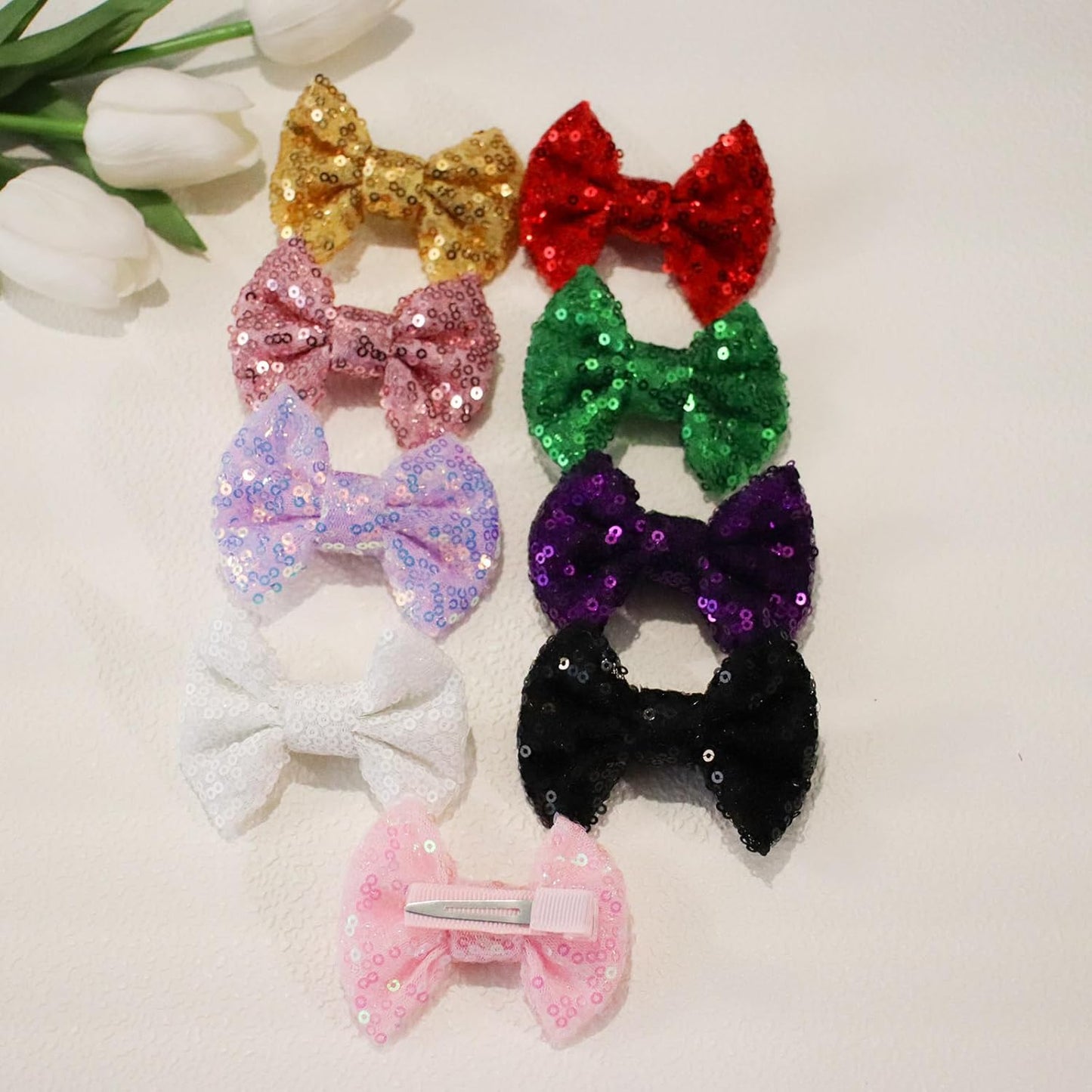 KISZU 3 Inch Glitter Hair Bows Clips, Sparkling Sequin Little Bow HairPins for Baby Girls Children Teens and Women (Black)