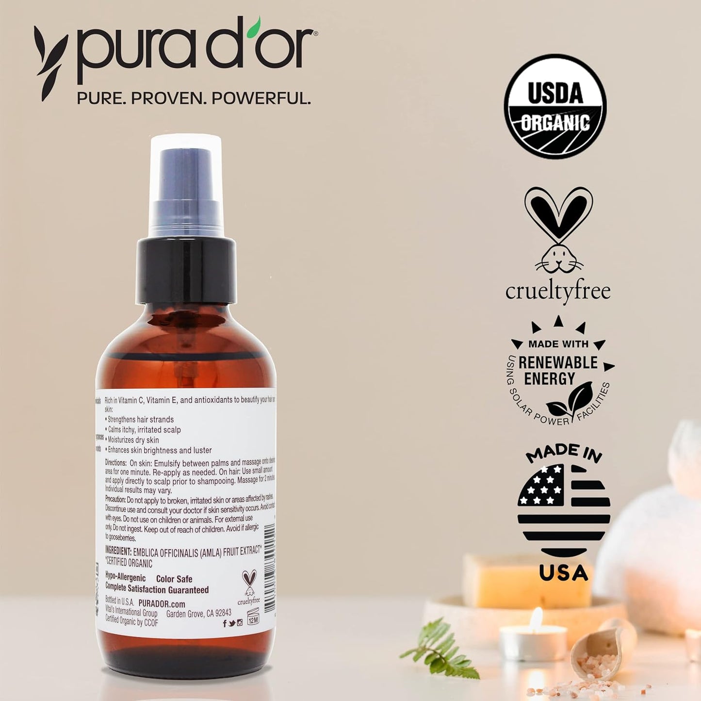 PURA D'OR 4 Oz ORGANIC Amla Oil, 100% Pure USDA Certified Premium Grade, Cold Pressed, Unrefined, Extra Virgin, Hair Serum & Thickening Hair Product w/Pump for Women & Men
