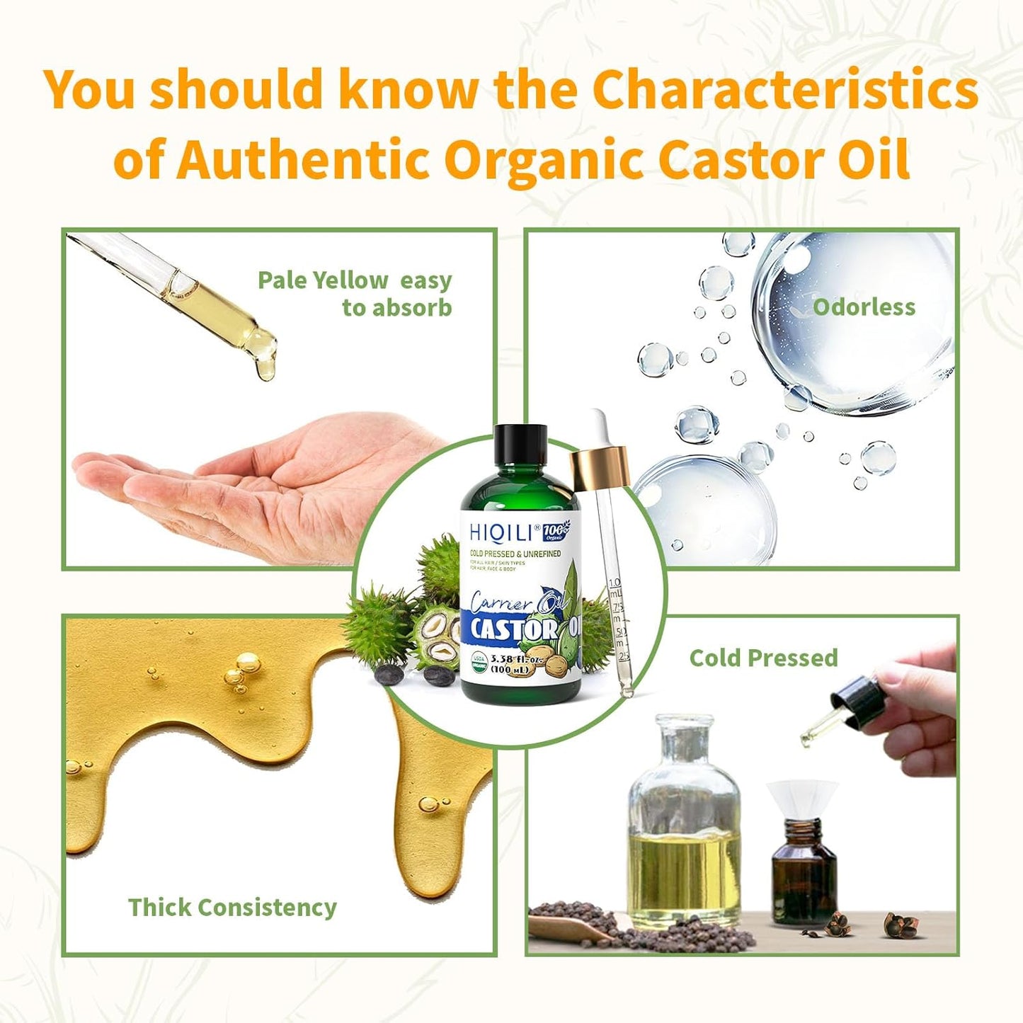 HIQILI Castor Oil Organic Cold Pressed Unrefined Glass Bottle, USDA Certified Organic, Hexane Free - Premium Grade Oil for Face, Hair Growth, Eyelash -3.38 Fl Oz