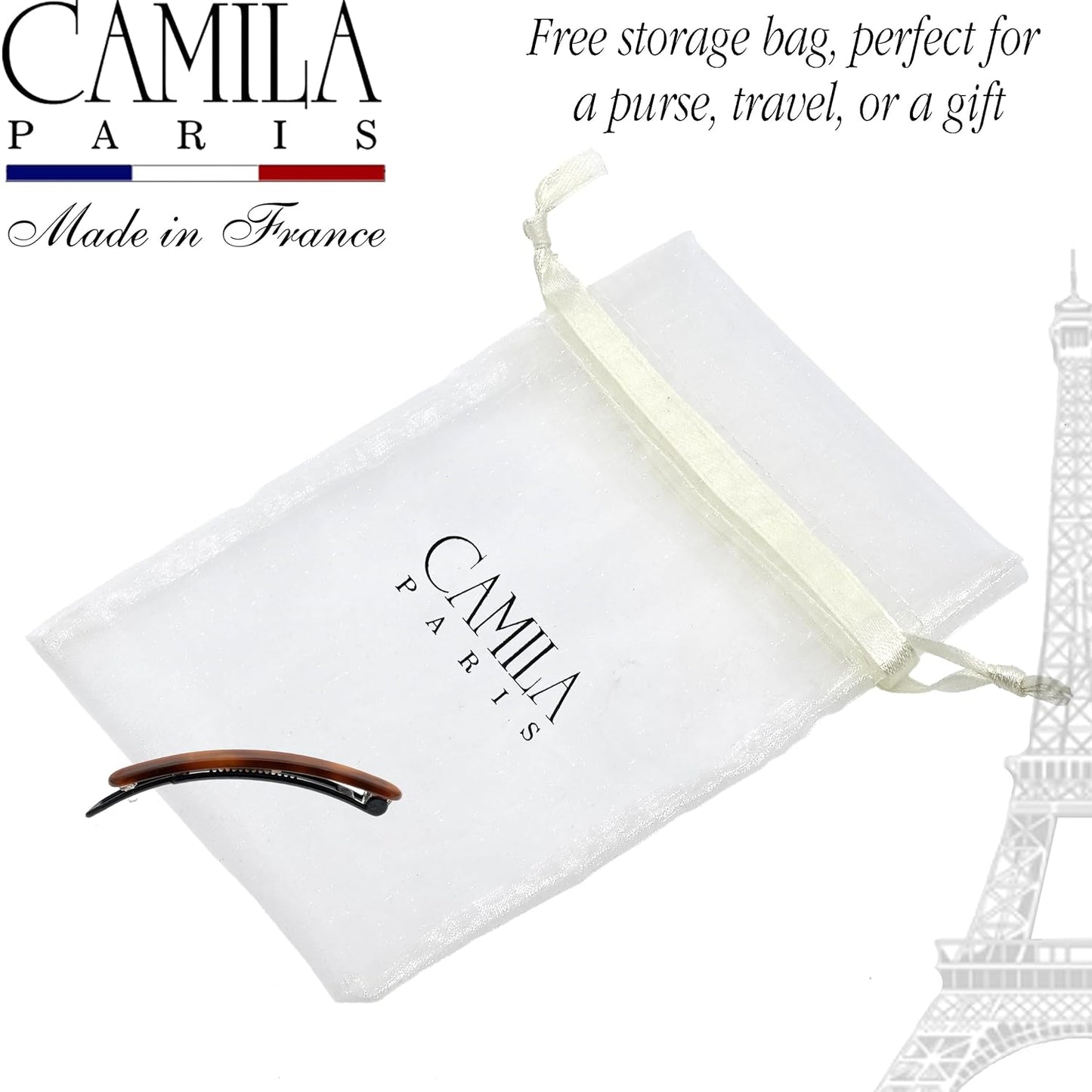 Camila Paris CP2250/2 French Hair Barrettes Clips for Women, Handmade, Girls Side Slide-in Barrette Clip, Hair Accessories for Women. Strong Hold No Slip Grip Fashion Durable Styling, Made in France